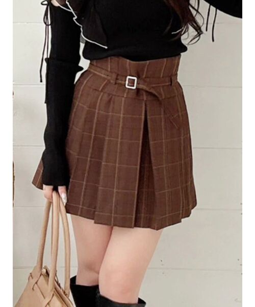 MERCURYDUO(マーキュリーデュオ)の「ベルト付きチェックプリーツミニスカパン(スカート・レディース・ブラウン/ダークグリーン/グレー・MEDIUM/SMALL)」の1枚目の写真