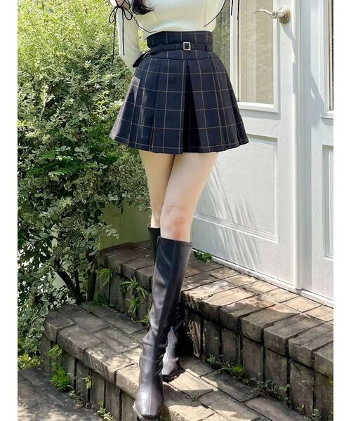 MERCURYDUO(マーキュリーデュオ)の「ベルト付きチェックプリーツミニスカパン(スカート・レディース・ブラウン/ダークグリーン/グレー・MEDIUM/SMALL)」の3枚目の写真