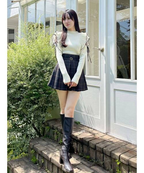 MERCURYDUO（マーキュリーデュオ）の「ベルト付きチェックプリーツミニスカパン（スカート・レディース・ブラウン/ダークグリーン/グレー・MEDIUM/SMALL）」の5枚目の写真