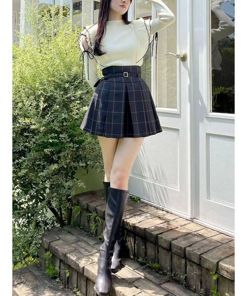 MERCURYDUO（マーキュリーデュオ）の「ベルト付きチェックプリーツミニスカパン（スカート・レディース・ブラウン/ダークグリーン/グレー・MEDIUM/SMALL）」の7枚目の写真