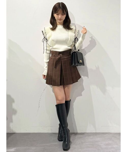 MERCURYDUO（マーキュリーデュオ）の「ベルト付きチェックプリーツミニスカパン（スカート・レディース・ブラウン/ダークグリーン/グレー・MEDIUM/SMALL）」の10枚目の写真