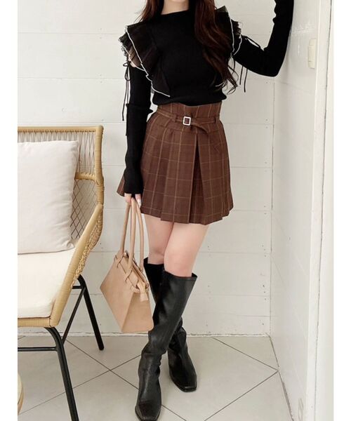 MERCURYDUO(マーキュリーデュオ)の「ベルト付きチェックプリーツミニスカパン(スカート・レディース・ブラウン/ダークグリーン/グレー・MEDIUM/SMALL)」の13枚目の写真