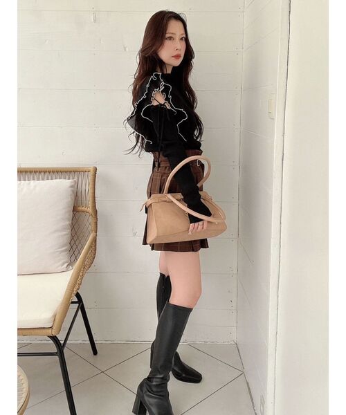 MERCURYDUO(マーキュリーデュオ)の「ベルト付きチェックプリーツミニスカパン(スカート・レディース・ブラウン/ダークグリーン/グレー・MEDIUM/SMALL)」の8枚目の写真