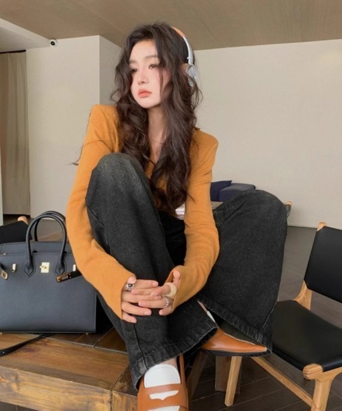 Ritzy(リッツィー)の「ショート丈 ニット ヘンリーネック フードトップス(ニット/セーター・レディース・ブラック/ホワイト/オレンジ/グレー・FREE)」の6枚目の写真