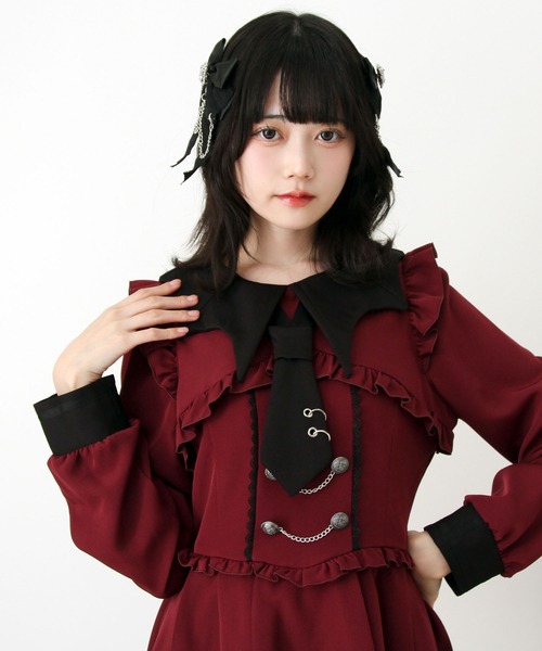 DearMyLove(ディアマイラブ)の「コウモリ襟チェーンボタンフリルプリーツワンピース(ワンピース・レディース・ボルドー/パープル/ブラック・3L/LL/LARGE/MEDIUM)」の7枚目の写真
