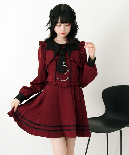 DearMyLove(ディアマイラブ)の「コウモリ襟チェーンボタンフリルプリーツワンピース(ワンピース・レディース・ボルドー/パープル/ブラック・3L/LL/LARGE/MEDIUM)」の9枚目の写真
