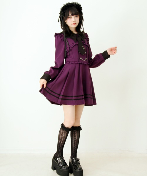 夢展望 コウモリ襟チェーンボタンフリルプリーツワンピース DearMyLove コウモリ襟チェーンボタンフリルプリーツワンピース – レディース