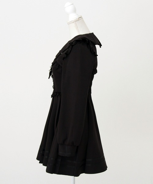 コウモリ襟チェーンボタンフリルプリーツワンピース（ワンピース