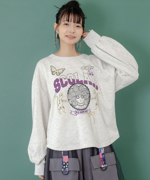 ScoLar(スカラー)の「153698:スカラーちゃん×トラ×蝶刺繍 ミニ裏毛プルオーバー(Tシャツ/カットソー・レディース・ブラック/杢グレー/グリーン・M)」の3枚目の写真
