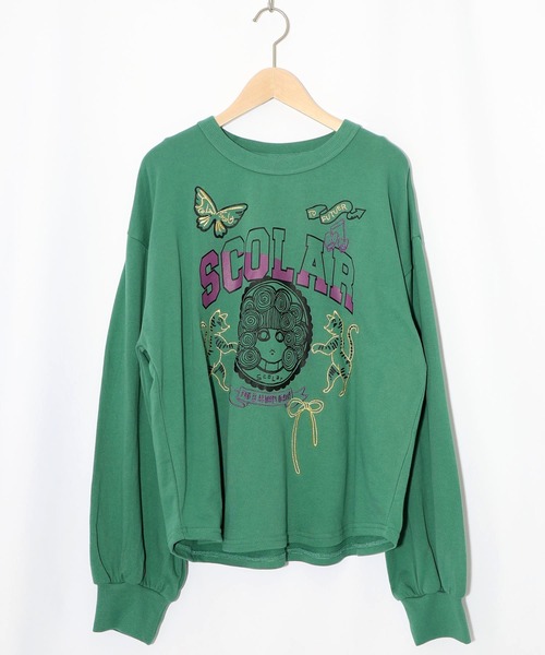 ScoLar(スカラー)の「153698:スカラーちゃん×トラ×蝶刺繍 ミニ裏毛プルオーバー(Tシャツ/カットソー・レディース・ブラック/杢グレー/グリーン・M)」の1枚目の写真