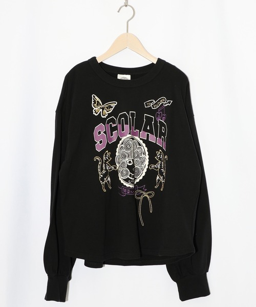 ScoLar(スカラー)の「153698:スカラーちゃん×トラ×蝶刺繍 ミニ裏毛プルオーバー(Tシャツ/カットソー・レディース・ブラック/杢グレー/グリーン・M)」の2枚目の写真