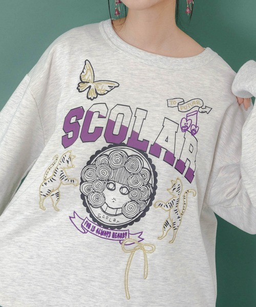 ScoLar(スカラー)の「153698:スカラーちゃん×トラ×蝶刺繍 ミニ裏毛プルオーバー(Tシャツ/カットソー・レディース・ブラック/杢グレー/グリーン・M)」の9枚目の写真