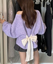 バックリボン デザイン シャギー ニット