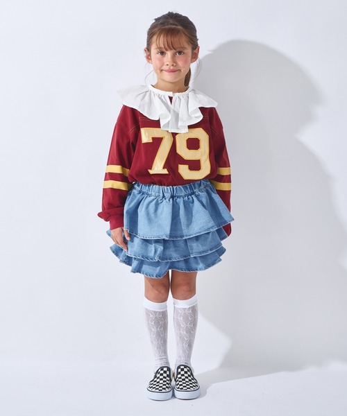 ever closet（エバークローゼット）の「揺れる3段フリル デニムキュロット（デニムパンツ・キッズ・ブルー/ブラック/サックスブルー・100cm/90cm/150cm/140cm/130cm/120cm/110cm）」の6枚目の写真
