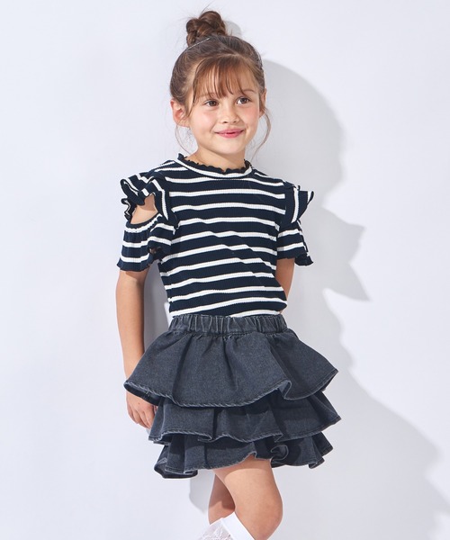 ever closet（エバークローゼット）の「揺れる3段フリル デニムキュロット（デニムパンツ・キッズ・ブルー/ブラック/サックスブルー・100cm/90cm/150cm/140cm/130cm/120cm/110cm）」の16枚目の写真