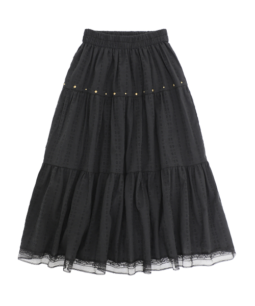 Wish Studded Cancan Tiered Lace Cotton Skirt_Black