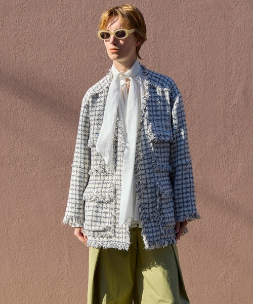 MAISON SPECIAL(メゾンスペシャル)の「Fringe Tweed Long Jacket/フリンジツイードジャケット(テーラードジャケット・レディース・ブラック/ホワイト/ピンク・FREE)」の4枚目の写真
