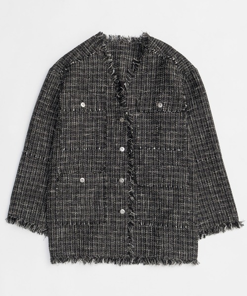 MAISON SPECIAL(メゾンスペシャル)の「Fringe Tweed Long Jacket/フリンジツイードジャケット(テーラードジャケット・レディース・ブラック/ホワイト/ピンク・FREE)」の7枚目の写真