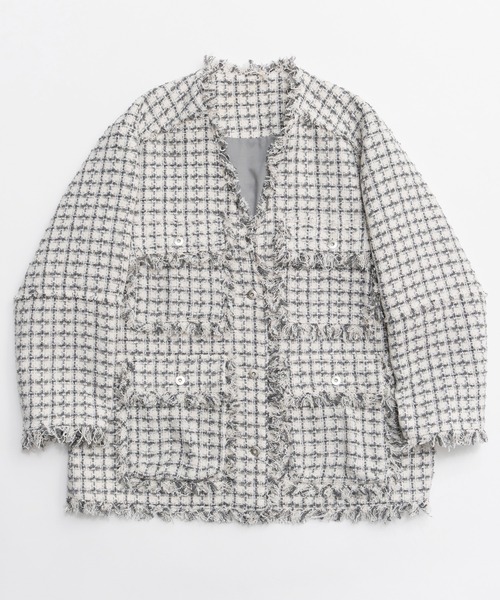 MAISON SPECIAL(メゾンスペシャル)の「Fringe Tweed Long Jacket/フリンジツイードジャケット(テーラードジャケット・レディース・ブラック/ホワイト/ピンク・FREE)」の9枚目の写真