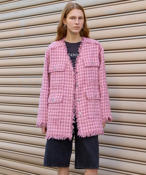MAISON SPECIAL(メゾンスペシャル)の「Fringe Tweed Long Jacket/フリンジツイードジャケット(テーラードジャケット・レディース・ブラック/ホワイト/ピンク・FREE)」の4枚目の写真