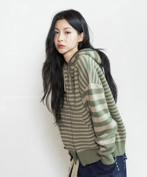 RuNaKi'Hu'（ルナキフ）の「WXK008 アンバランスストライプニットフードジップアップ (カーキ)（パーカー）」