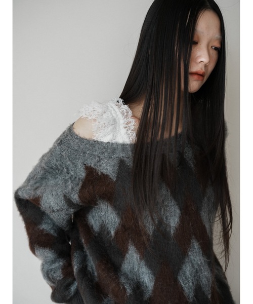 Katrin TOKYO(カトリーントーキョー)の「asymmetry argyle knit(ニット/セーター・レディース・チャコールグレー/ブルー・FREE/XS)」の1枚目の写真