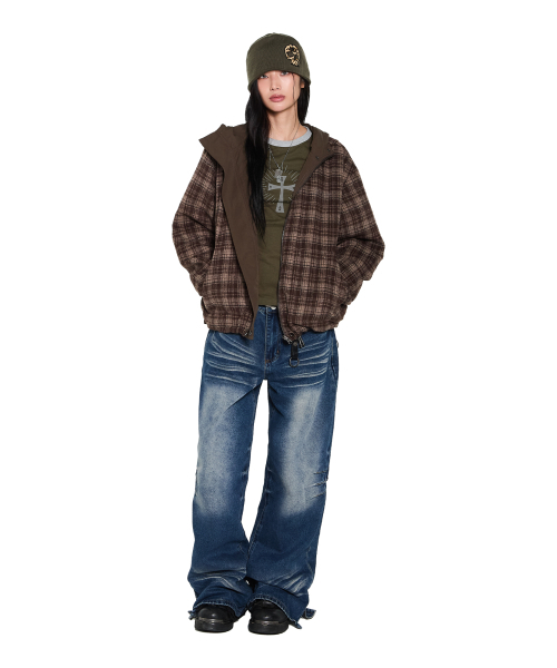 セール】Reversible Check Hooded Jacket (Brown)（ナイロンジャケット