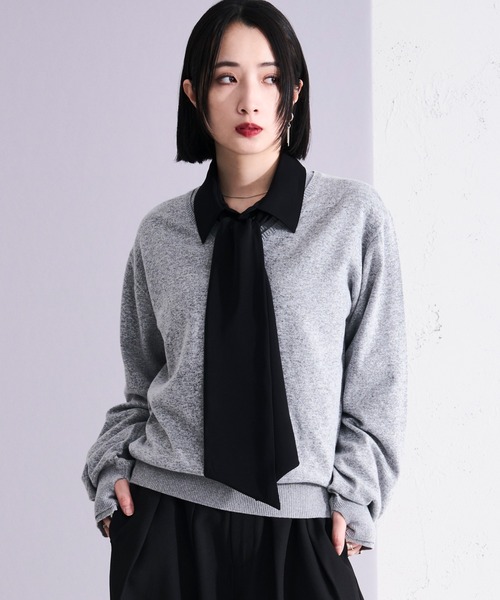 Ellno Loset（エルノロゼット）の「レイヤードライクVネックニット/フィンガーホール付き（ニット/セーター・メンズ・グレー/ブラック・SMALL/MEDIUM/LARGE）」の20枚目の写真