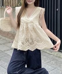 刺繍レースシアーキャミトップス