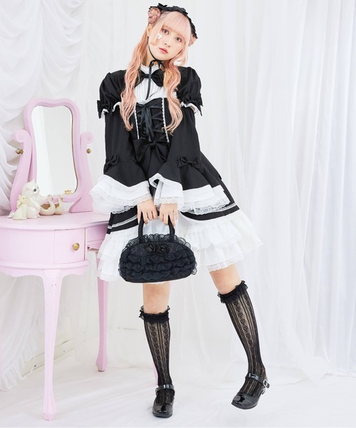 BODYLINE（ボディライン）の「2wayスカラップフリルの姫袖ワンピース 3点セット（ワンピース・レディース・ブラウン系その他/ブラック×ホワイト・4L/2L/L/M/S）」の9枚目の写真