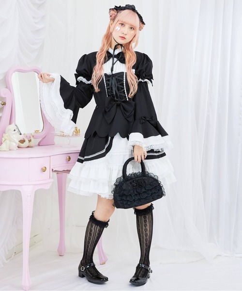 BODYLINE（ボディライン）の「2wayスカラップフリルの姫袖ワンピース 3点セット（ワンピース・レディース・ブラウン系その他/ブラック×ホワイト・4L/2L/L/M/S）」の10枚目の写真