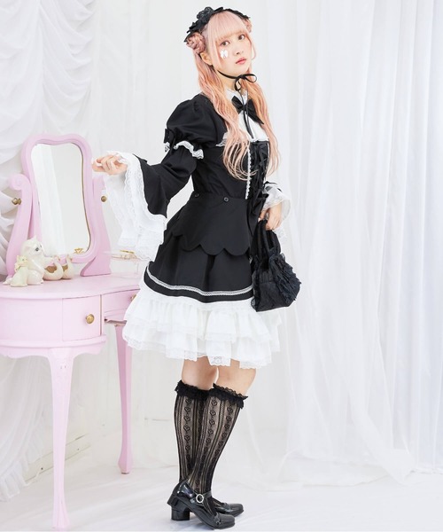 BODYLINE（ボディライン）の「2wayスカラップフリルの姫袖ワンピース 3点セット（ワンピース・レディース・ブラウン系その他/ブラック×ホワイト・4L/2L/L/M/S）」の13枚目の写真