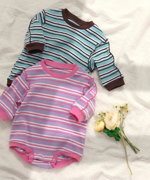 apres les cours（アプレレクール）の「【リンク/WEB限定】マルチボーダーメロウボディースーツ（ロンパース・キッズ・ミント/ラベンダー・80/70）」の6枚目の写真