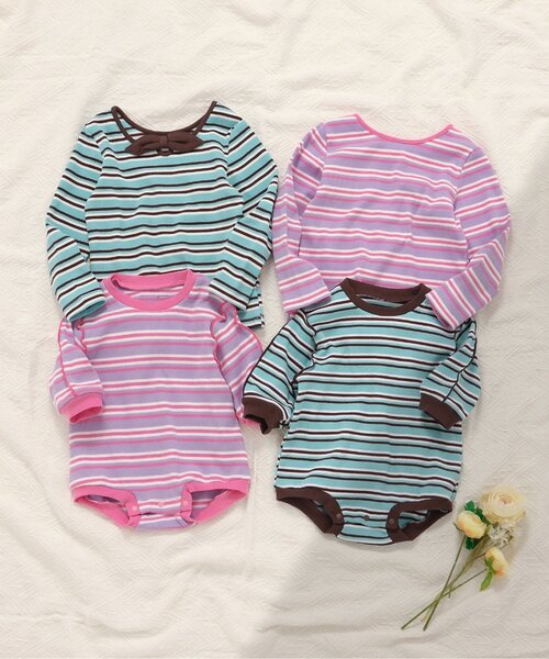 apres les cours（アプレレクール）の「【リンク/WEB限定】マルチボーダーメロウボディースーツ（ロンパース・キッズ・ミント/ラベンダー・80/70）」の7枚目の写真