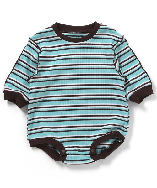 apres les cours（アプレレクール）の「【リンク/WEB限定】マルチボーダーメロウボディースーツ（ロンパース・キッズ・ミント/ラベンダー・80/70）」の5枚目の写真