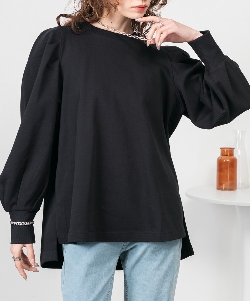 RCD(アールシーディー)の「ミニ裏毛パフスリーブカットソー(Tシャツ/カットソー・レディース・チャコールグレー/ブラック/杢グレー・M-L/LL~3L/4L~5L)」の1枚目の写真