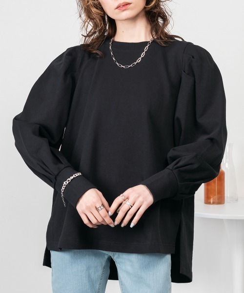RCD(アールシーディー)の「ミニ裏毛パフスリーブカットソー(Tシャツ/カットソー・レディース・チャコールグレー/ブラック/杢グレー・M-L/LL~3L/4L~5L)」の4枚目の写真