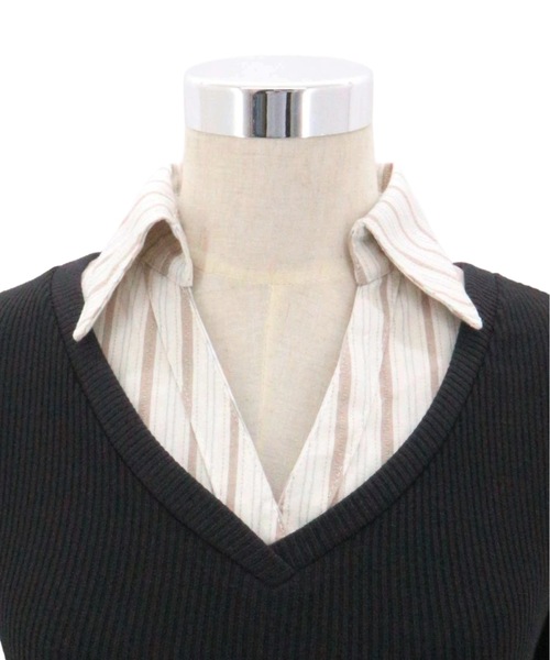 JilLA（ジルア）の「Layered Check Rib V-Neck Knit / レイヤードチェックリブVネックニット（シャツ/ブラウス・レディース・ブラック/グレー・FREE）」の4枚目の写真