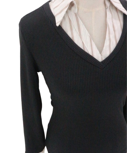 JilLA（ジルア）の「Layered Check Rib V-Neck Knit / レイヤードチェックリブVネックニット（シャツ/ブラウス・レディース・ブラック/グレー・FREE）」の5枚目の写真