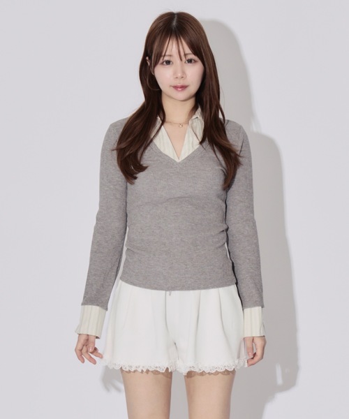 JilLA（ジルア）の「Layered Check Rib V-Neck Knit / レイヤードチェックリブVネックニット（シャツ/ブラウス・レディース・ブラック/グレー・FREE）」の7枚目の写真