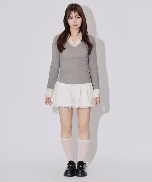 JilLA（ジルア）の「Layered Check Rib V-Neck Knit / レイヤードチェックリブVネックニット（シャツ/ブラウス・レディース・ブラック/グレー・FREE）」の11枚目の写真