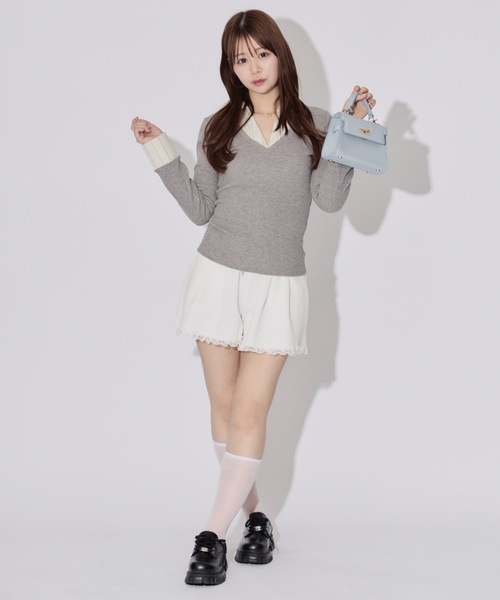 JilLA（ジルア）の「Layered Check Rib V-Neck Knit / レイヤードチェックリブVネックニット（シャツ/ブラウス・レディース・ブラック/グレー・FREE）」の12枚目の写真