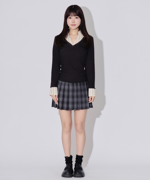 JilLA（ジルア）の「Layered Check Rib V-Neck Knit / レイヤードチェックリブVネックニット（シャツ/ブラウス・レディース・ブラック/グレー・FREE）」の21枚目の写真