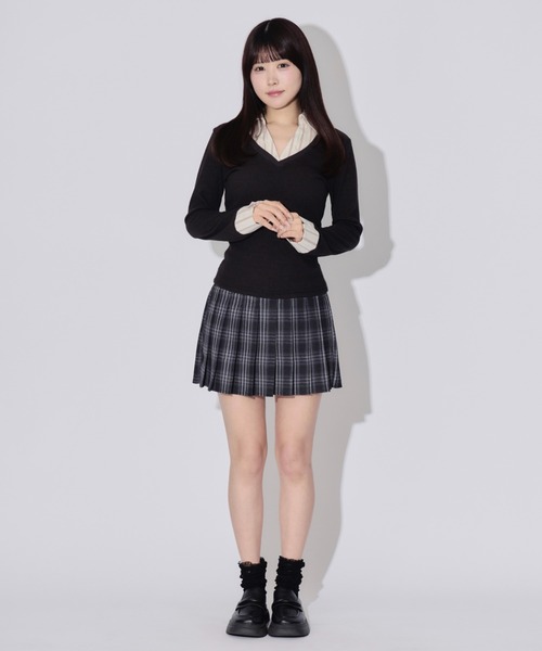 JilLA（ジルア）の「Layered Check Rib V-Neck Knit / レイヤードチェックリブVネックニット（シャツ/ブラウス・レディース・ブラック/グレー・FREE）」の20枚目の写真
