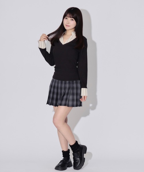 JilLA（ジルア）の「Layered Check Rib V-Neck Knit / レイヤードチェックリブVネックニット（シャツ/ブラウス・レディース・ブラック/グレー・FREE）」の19枚目の写真