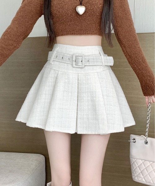 kirakiraShop（キラキラショップ）の「ラメ ツイード ベルト付き プリーツ ミニスカート（スカート・レディース・ブラック/ホワイト・L/M/S）」の3枚目の写真