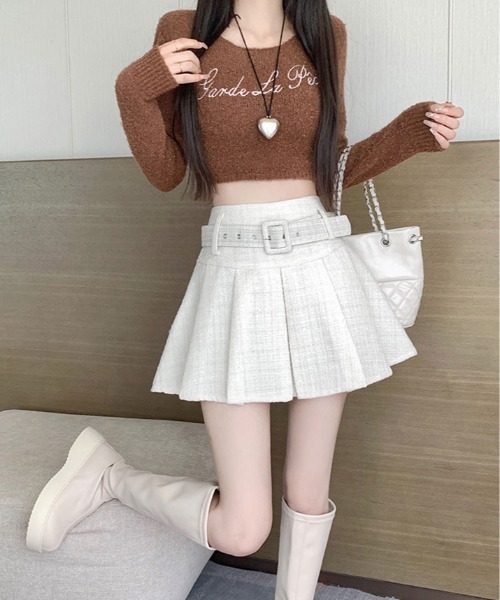 kirakiraShop（キラキラショップ）の「ラメ ツイード ベルト付き プリーツ ミニスカート（スカート・レディース・ブラック/ホワイト・L/M/S）」の6枚目の写真