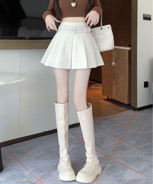 kirakiraShop（キラキラショップ）の「ラメ ツイード ベルト付き プリーツ ミニスカート（スカート・レディース・ブラック/ホワイト・L/M/S）」の8枚目の写真