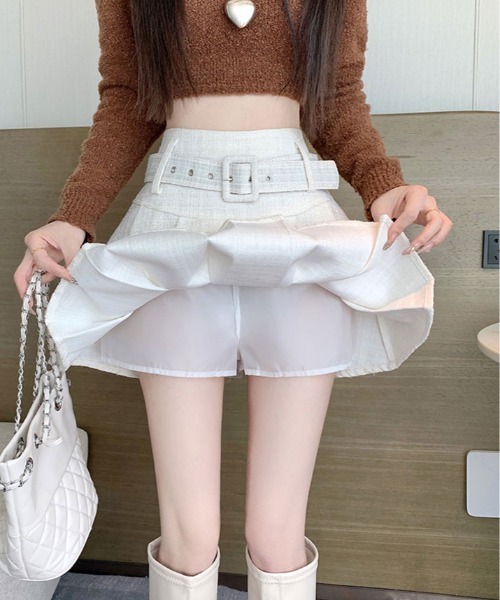 kirakiraShop（キラキラショップ）の「ラメ ツイード ベルト付き プリーツ ミニスカート（スカート・レディース・ブラック/ホワイト・L/M/S）」の12枚目の写真