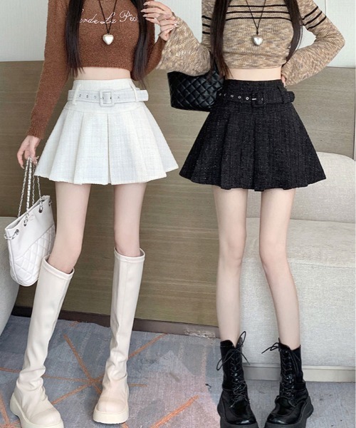 kirakiraShop（キラキラショップ）の「ラメ ツイード ベルト付き プリーツ ミニスカート（スカート・レディース・ブラック/ホワイト・L/M/S）」の13枚目の写真